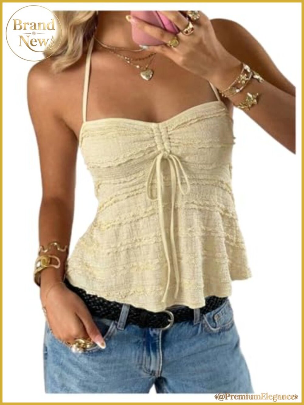Y2K Tie Back Ruffle Babydoll Halter Top Contrast Lace Flared Ruffle Hem Swing